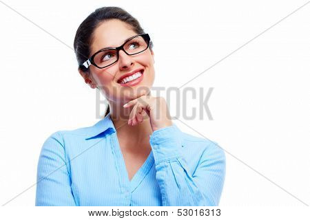 Beautiful thinking business woman isolated white background