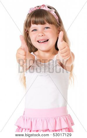 Portrait of cute little girl showing thumbs up, isolated on white background