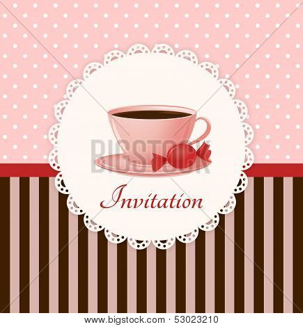 Vintage Vector Invitation Card With Cup Of Hot Drink And Candy