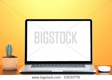 Laptop and cactus in flowerpot on wooden table on yellow background