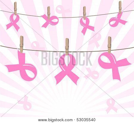 Vector Illustration Of A Breast Cancer Pink Ribbons On Rope On Sunny Background