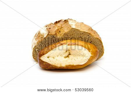 Fresh Baked Brown Bread with lye bread Roll on white background