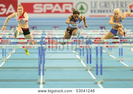 GOTHENBURG, SWEDEN - MARCH 1  Reina-Flor Okori (France)  places 7th in heat 3 of the women's 60m hurdles event during the European Athletics Indoor Championship on March 1, 2013 in Gothenburg, Sweden.