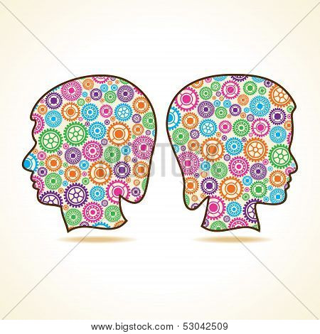Group of colorful gears make a male and female face stock vector