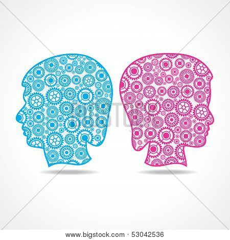 Group of gears make a male and female face stock vector