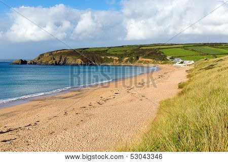 Beach at Praa Sands Cornwall England on the South West Coast Path blue sky and sea