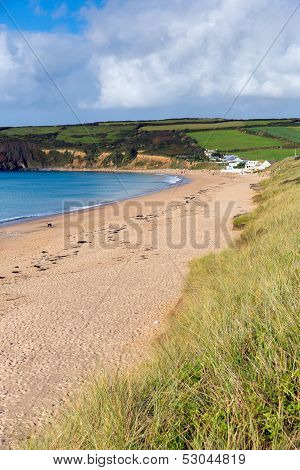 Praa Sands beach Cornwall England with blue sky and sea