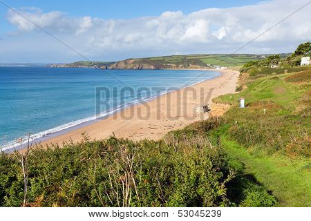 Coast Path Praa Sands Cornwall England sandy beach and blue sky on a beautiful sunny day