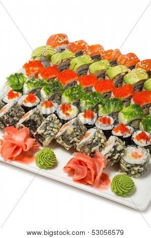 Roll Philadelphia. Unagi roll Uramaki. Roll with flying fish roe. Roll with avÃ?ÃÂÃ?ÃÂ¾kado and cream cheese. Roll Hiyashi Wakame seaweed and shrimp. Warm roll with king crab, trout and cucumbers.