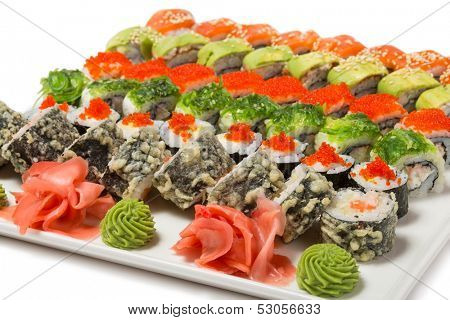 Roll Philadelphia. Unagi roll Uramaki. Roll with flying fish roe. Roll with avÃ?ÃÂÃ?ÃÂ¾kado and cream cheese. Roll Hiyashi Wakame seaweed and shrimp. Warm roll with king crab, trout and cucumbers.
