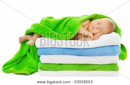 Baby Newborn Sleeping Wrapped In Bath Towels