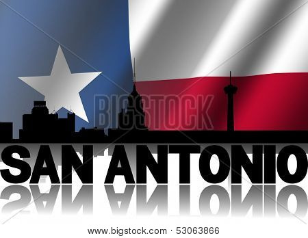 San Antonio skyline and text reflected with rippled Texan flag illustration
