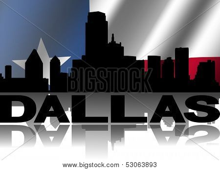 Dallas skyline and text reflected with rippled Texan flag illustration
