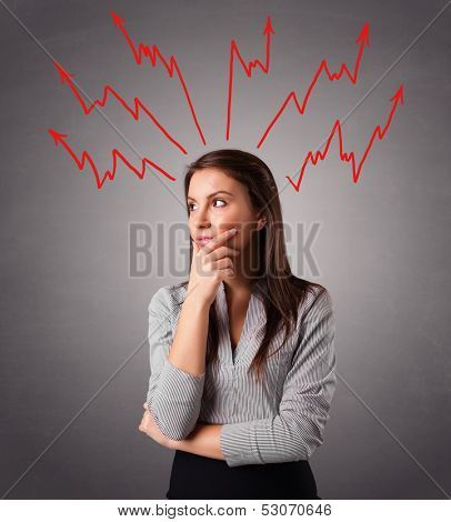 Young woman standing and thinking with arrows overhead