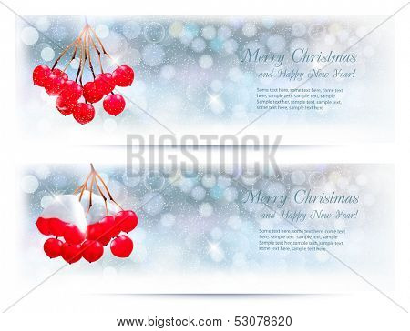 Holiday banners with Christmas branch with red berries. Vector illustration. 