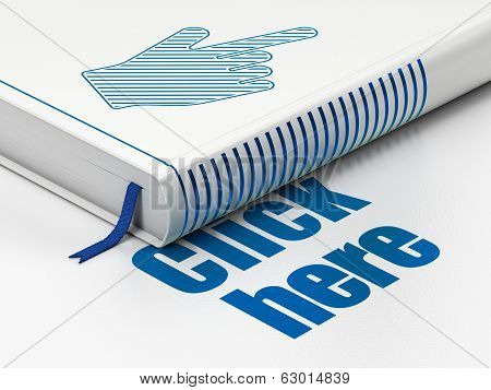 Web design concept: book Mouse Cursor, Click Here on white background
