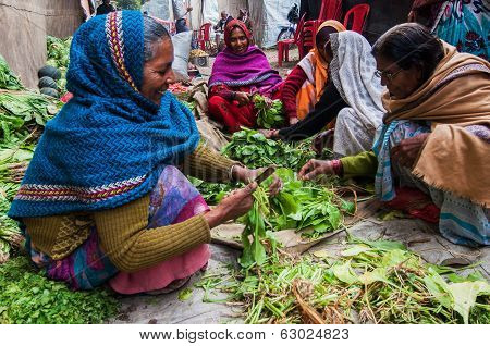 Rural Indian Women Cutting Vegetables