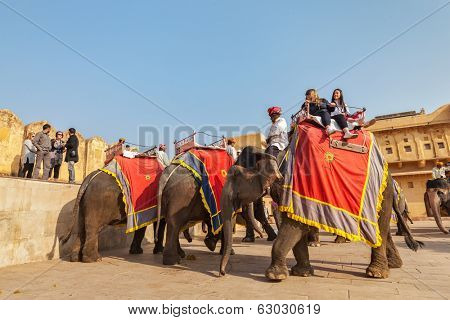 JAIPUR, INDIA - NOVEMBER 18, 2012: Tourists riding elephants in Amber fort, Rajasthan, Elephant ride is a popular entertainment for tourists in India