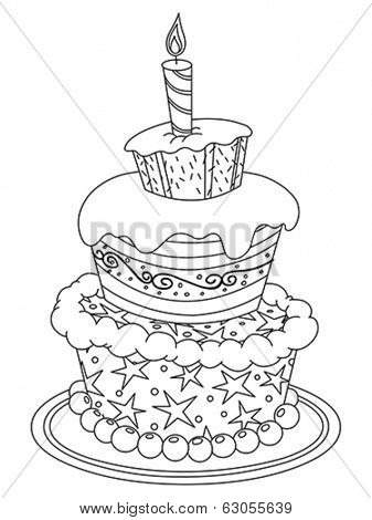 Outlined birthday cake. Vector illustration coloring page