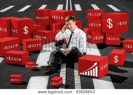 Confident And Successful Stock Broker Sitting On The Road And Speaking Phone Working With Laptop Sur