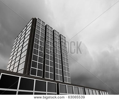 Bottom image of skyscraper with thunder lightning in sky