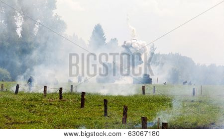 heavy tank KV 2 and the explosion of a shell hit