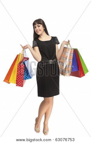 Shopping Concept: Happy Smiling Cacuasian Woman With Shopping Bags