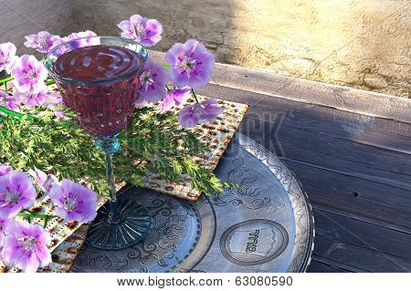 Jewish celebrate pesah passover with matzo and flowers holiday background