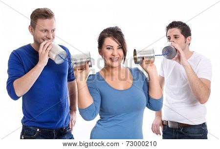 Group of young people on phone: advantages and disadvantages - isolated on white