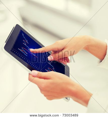 office, business, technology and money concept - businesswoman with tablet pc and forex chart on screen in office