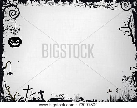 Grunge frame with textured background and various Halloween paraphernalia as: scary pumpkin, crosses, and scary tree branches in black and white.  Vector available.