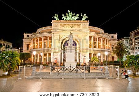 Teatro Politeama at night in  Palermo, Sicily. Italy.