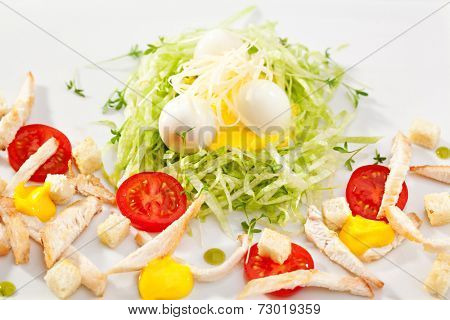 Kids Food - Quail Nest. Salad with Quial Eggs and Chicken Breast