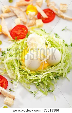 Kids Food - Quail Nest. Salad with Quial Eggs and Chicken Breast