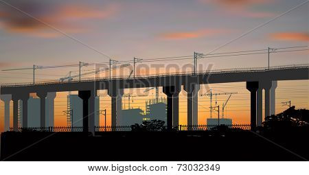 illustration with house building and modern bridge at red cranes