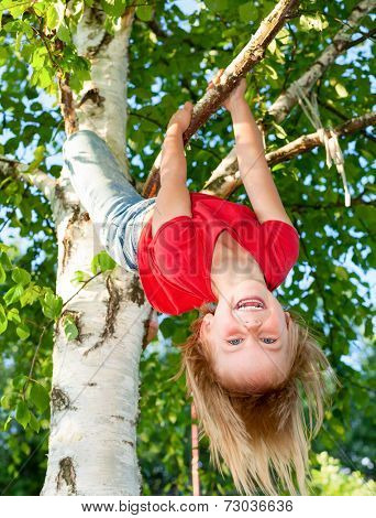 Little girl having fun playing on birch tree