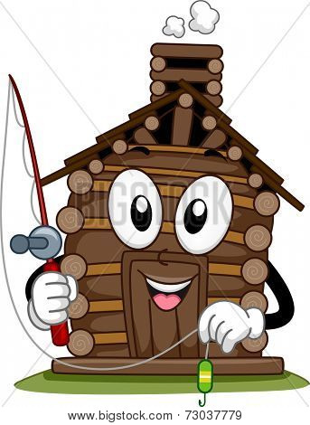 Mascot Illustration Featuring a Cabin Holding a Fishing Pole