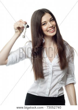 closeup portrait of attractive  caucasian smiling woman brunette isolated on white studio shot  toothy smile face  head and shoulders looking at camera  businesswoman keys hypothec real estate