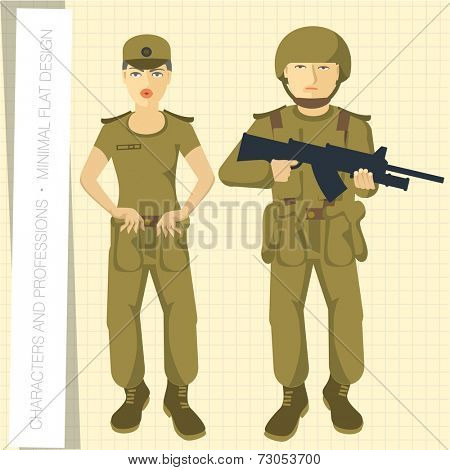Military man and lady in flat modern style. Vector illustration. 