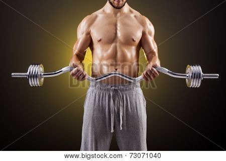 Fitness man lifting weights with curl bar