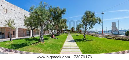 Lisbon, Portugal. August 24, 2014: Olive-Trees Garden in CCB - Centro Cultural de Belem (Belem Cultural Center). Major museum and cultural center.