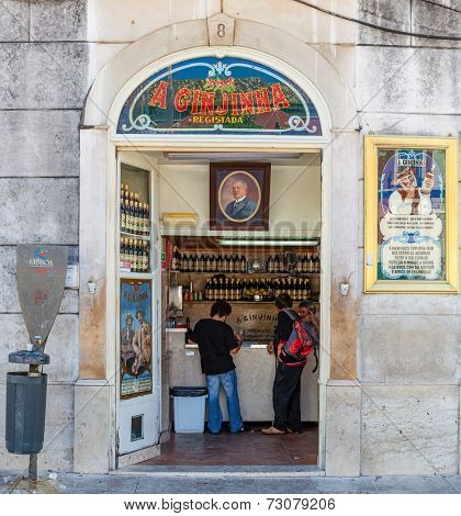 Lisbon, Portugal. August 31, 2014: A Ginginha, the oldest and most famous establishment in Lisbon dedicated to sell Ginginha, a type of Sour Cherry Brandy typical of the city