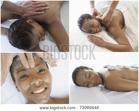 Collage of woman receiving spa treatment