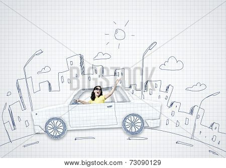 Young woman riding car made of list of paper