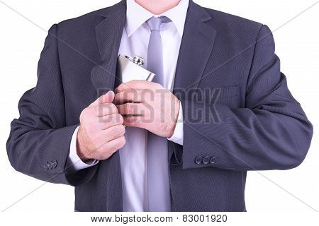 Man with his hip flask, isolated on white background.