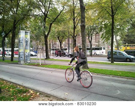 Red-haired Woman Riding A Bicycle