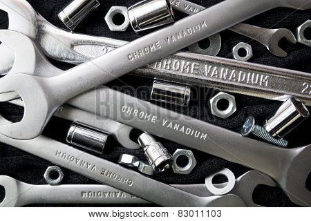 Set of tools on black background