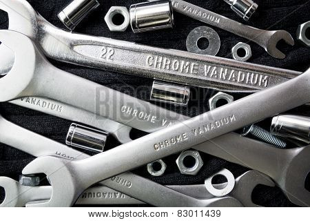 Set of tools on black background