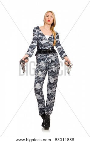 Woman soldier isolated on white