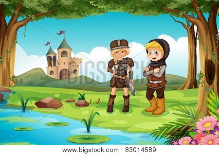 Illustration of two worriors standing in a forest